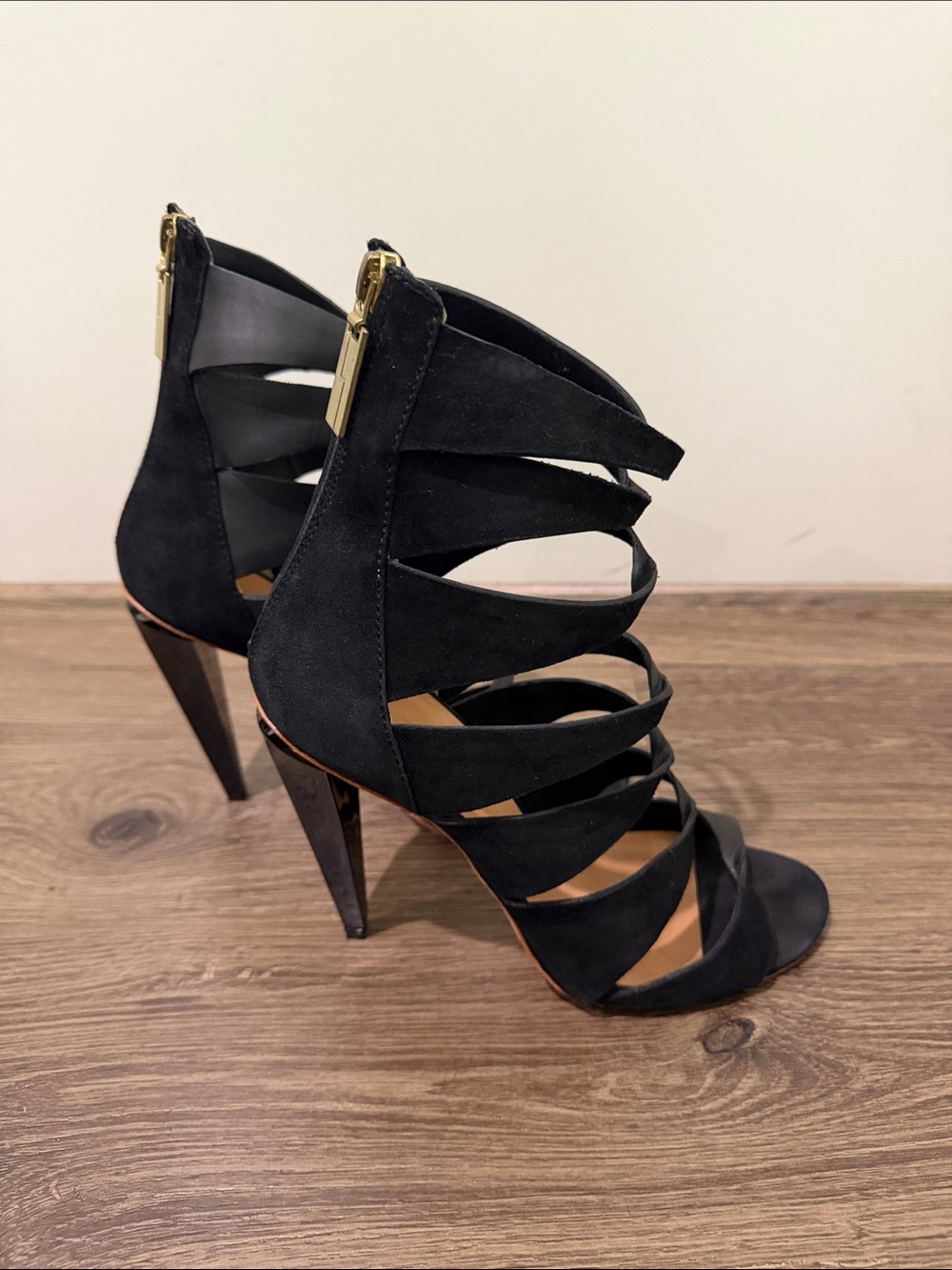 L.A.M.B. Quintessa Black Strappy Suede/Leather High-Heel Sandals with Gold Zip